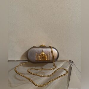 Sabyasachi Clutch Bag Silver Grey and Gold Leather Silk Lining